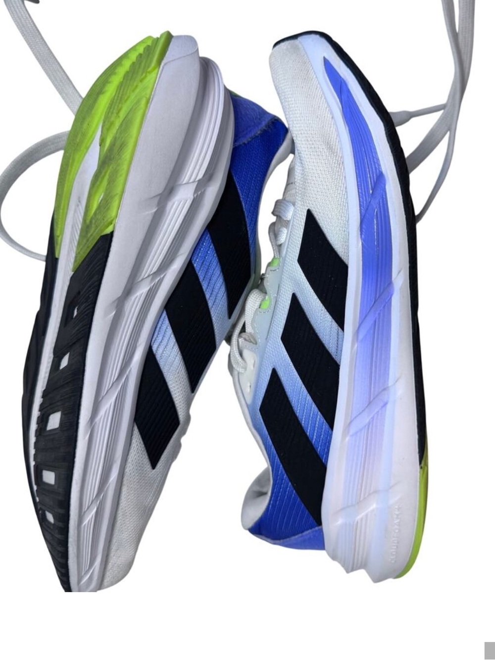 adidas Men’s White Blue Black Athletic Running Shoes with Neon Yellow Accents